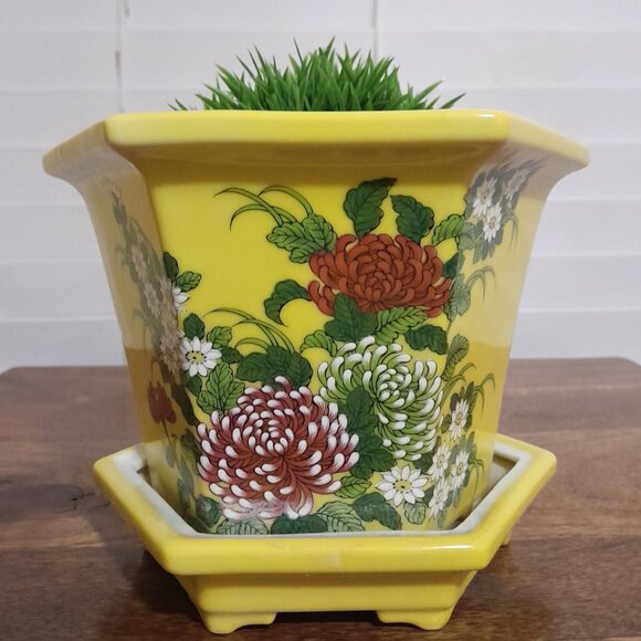 Vintage Yellow Floral Japanese Flower Pot w/Drip Tray 5.5"H - Picture 1 of 9
